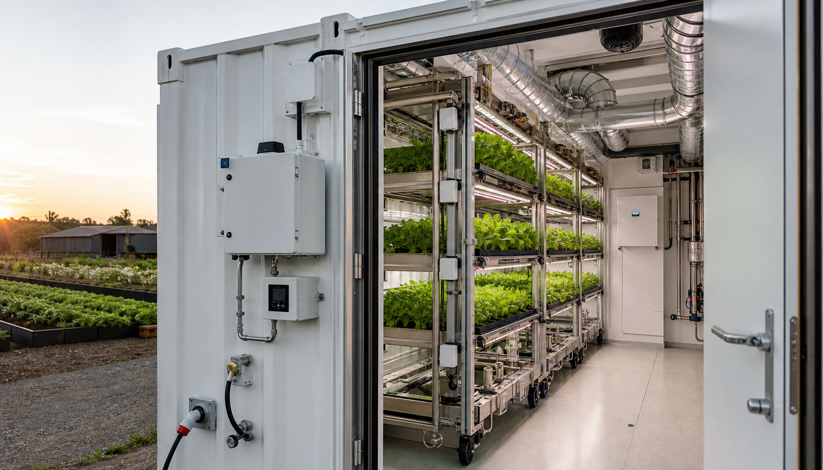 Modular container test farm with vertical racks